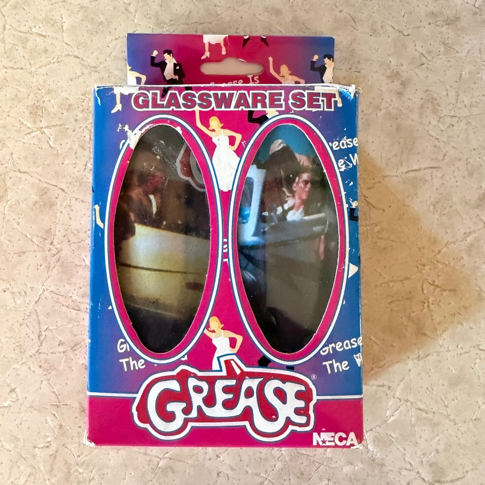 NECA Grease Movie Glassware Set 2002 Paramount Pictures Shot Glass Shooters 2pc